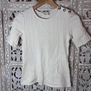 SEZANE Cream Knit Pointelle Short Sleeve T Shirt 3 Button Shoulder WMN'S SIZE S